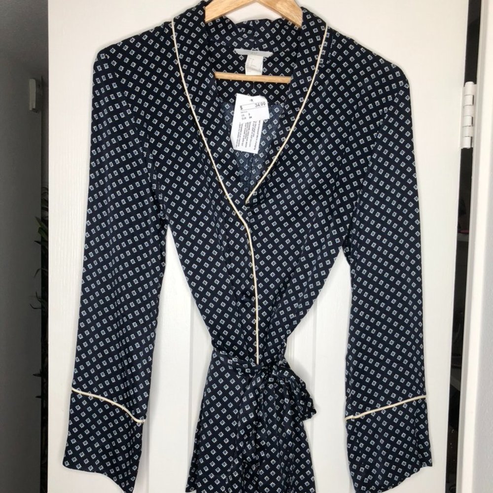 Blue Silk Patterned Button Down Blouse with Tie